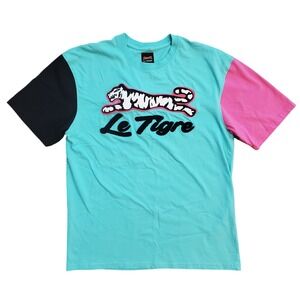 Le Tigre Mens Colorblock Chenille Patch Logo T-Shirt Teal Pink Black Large